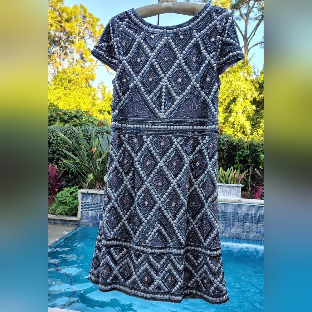 ADRIANNA PAPELL SMOKE DIAMOND CHECK SILVERY BEADED CAP SLEEVE PARTY DRESS SZ 12.